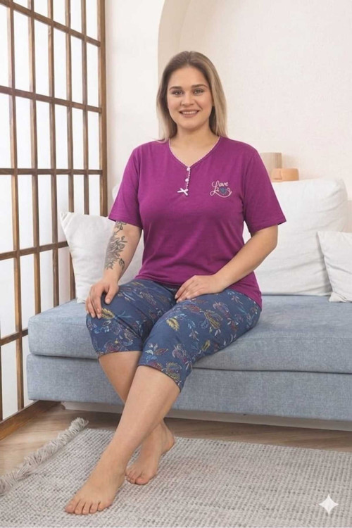 Büyük Beden Kısa Kol Kapri Yumuşak Tuşeli Likralı Penye Pijama Takımı