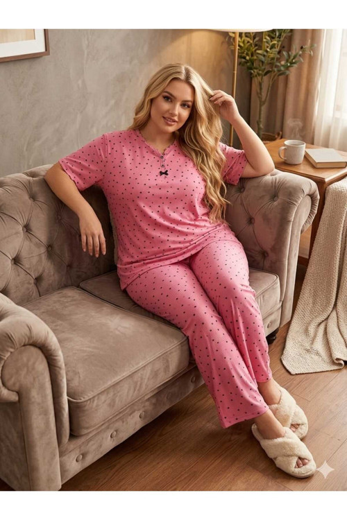 Büyük Beden Kısa Kollu Yumuşak Tuşeli Likralı Pijama Takımı