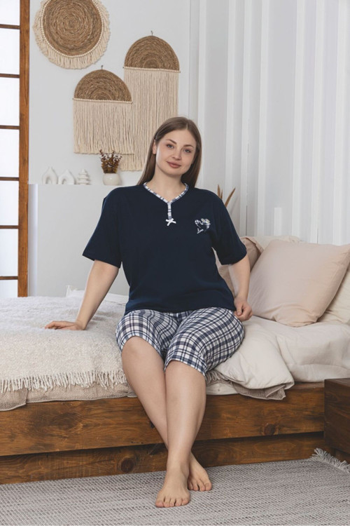 Büyük Beden Likralı Pamuklu Kapri Pijama Takım