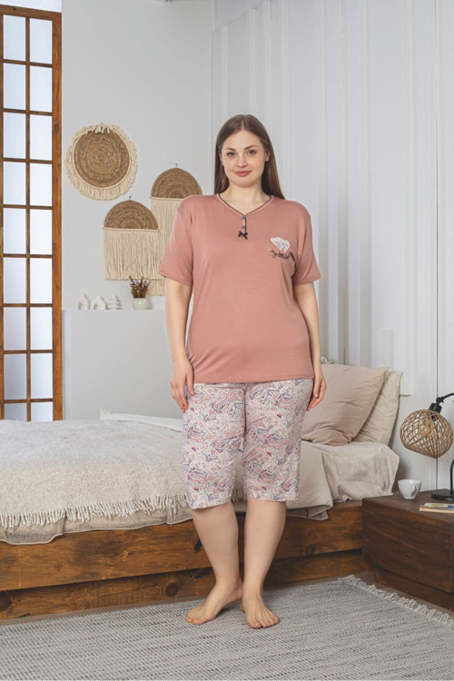 Büyük Beden Likralı Penye Kapri Pijama Takımı