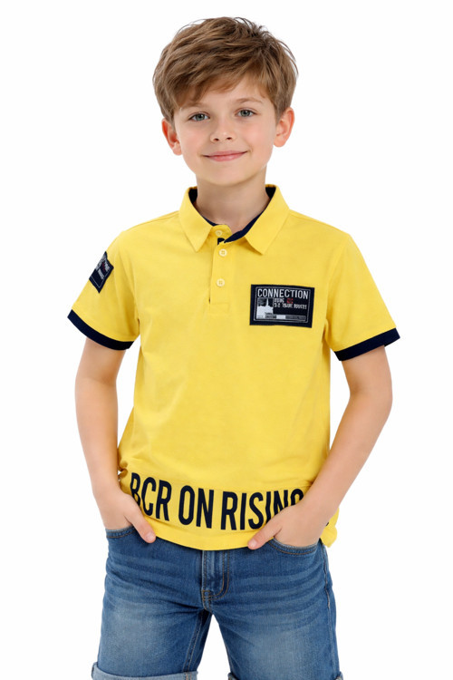 Erkek Çocuk Rising Yazı Desenli Düğme Kapamalı Polo Yaka Sarı Renk Tişört