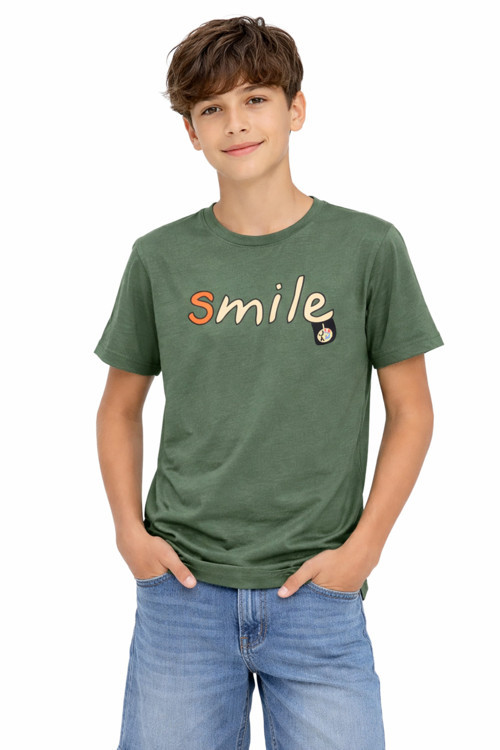 Erkek Çocuk Önü Smile Yazılı Sırtı Emoji Desenli Haki Renk Tişört