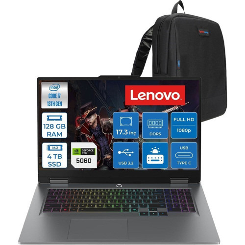 Loq 17IRX10 Intel Core I7 13650HX 128GB Ddr5 4tb SSD RTX5060 8gb 115W Freedos 17.3 Inç Fhd (1920X1080) IPS 300NITS 165HZ 100% Srgb Taşınabilir Bilgisayar W83JH006ETRF52 + Zetta Çanta