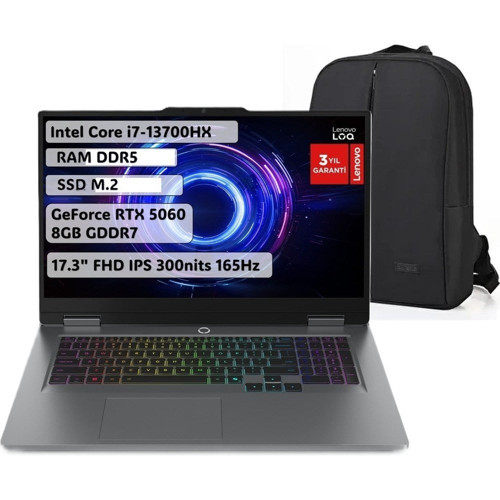 Loq I7-13700HX 12GB 1tb SSD 17.3" Fhd 144Hz Rtx 5060 8gb Gddr7 115W Windows 11PRO 83JH00BQTR Snertech Çanta