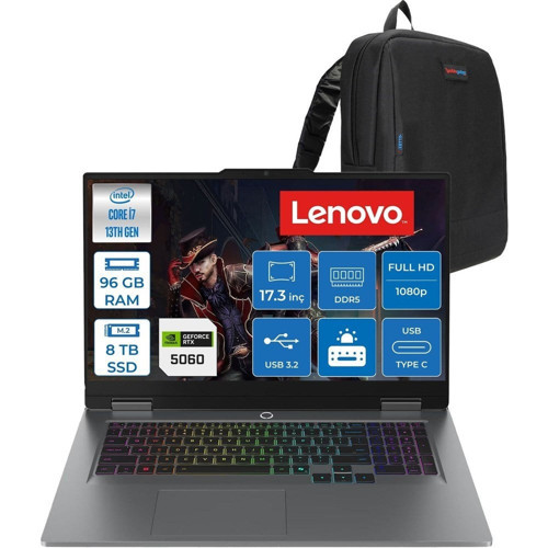 Loq 17IRX10 Intel Core I7 13650HX 96GB Ddr5 8tb SSD RTX5060 8gb 115W Freedos 17.3 Inç Fhd (1920X1080) IPS 300NITS 165HZ 100% Srgb Taşınabilir Bilgisayar W83JH006ETRF48 + Zetta Çanta