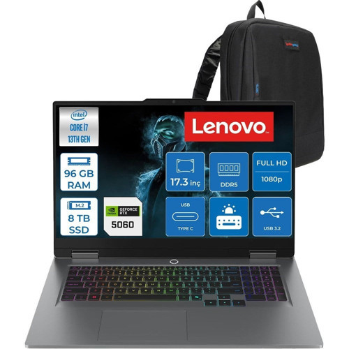 Loq 17IRX10 Intel Core I7 13700HX 96GB Ddr5 8tb SSD RTX5060 8gb 115W Freedos 17.3 Inç Fhd (1920X1080) IPS 300NITS 165HZ 100% Srgb Taşınabilir Bilgisayar W83JH00BQTRF48 + Zetta Çanta