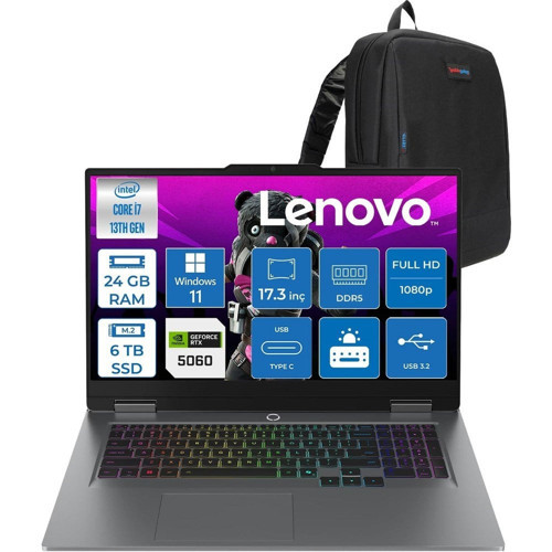 Loq 17IRX10 Intel Core I7 13700HX 24GB Ddr5 6tb SSD RTX5060 8gb 115W Windows 11 Pro 17.3 Inç Fhd (1920X1080) IPS 300NITS 165HZ 100% Srgb Taşınabilir Bilgisayar W83JH009UTRP11 + Zetta Çanta