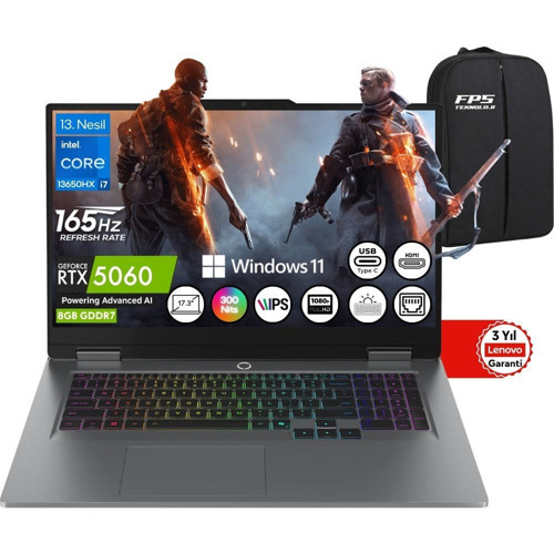 Loq 17IRX10 I7-13650HX RTX5060 12GB Ram 2tb SSD 17.3" Fhd IPS 165Hz W11 83JH006ETR Taşınabilir Bilgisayar