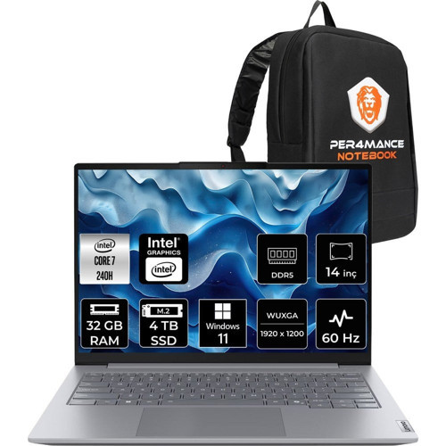 Thinkbook 14 Gen 8 Core 7 240H Notebook 32GB RAM 4TB SSD 14" FHD+ Win11 Pro + Per4 Çanta 21SG008LTXP443