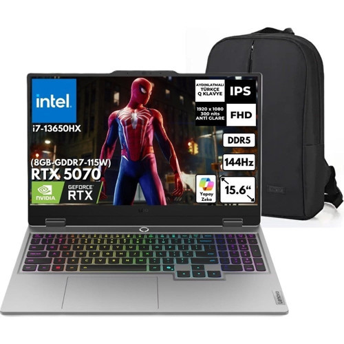 Loq I7-13650HX 40GB 2 Tb SSD 15.6" Fhd 144Hz Rtx 5070 8gb Gddr7 W11PRO 83JE00D0TR Snertech Çanta