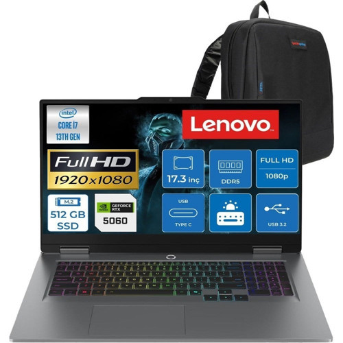 Loq 17IRX10 Intel Core I7 13700HX 32GB Ddr5 512GB SSD RTX5060 8gb 115W WINDOWS11 17.3 Inç Fhd (1920X1080) IPS 300NITS 165HZ 100% Srgb Taşınabilir Bilgisayar W83JH00BQTRF01 + Cimete Çanta