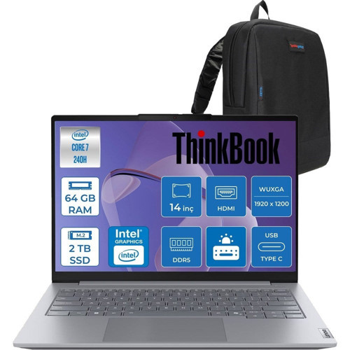 Thinkbook 14 G8 Irl Intel Core 7 240H 64GB Ddr5 2tb SSD Intel Graphics 14" Wuxga IPS 300NITS 60Hz Windows 11 Pro Taşınabilir Bilgisayar 21SG008LTXP23 + Zettaçanta