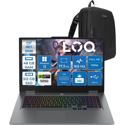 Loq 17IRX10 Intel Core I7 13650HX 48GB Ddr5 512GB SSD RTX5050 8gb 115W Windows 11 Home 17.3 Inç Fhd (1920X1080) IPS 300NITS 165HZ 100% Srgb Taşınabilir Bilgisayar W83JH006CTRH25 + Zetta Çanta