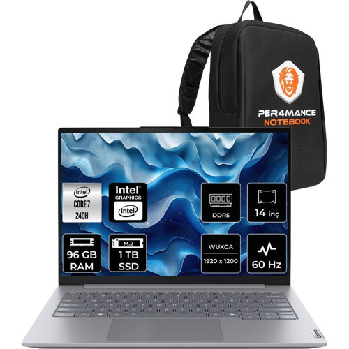 Thinkbook 14 Gen 8 Core 7 240H Notebook 96GB RAM 1TB SSD 14" FHD+ FreeDOS + Per4 Çanta 21SG008LTXP351
