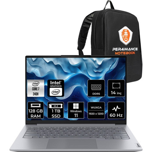 Thinkbook 14 Gen 8 Core 7 240H Notebook 128GB RAM 1TB SSD 14" FHD+ Win11 Pro + Per4 Çanta 21SG008LTXP477