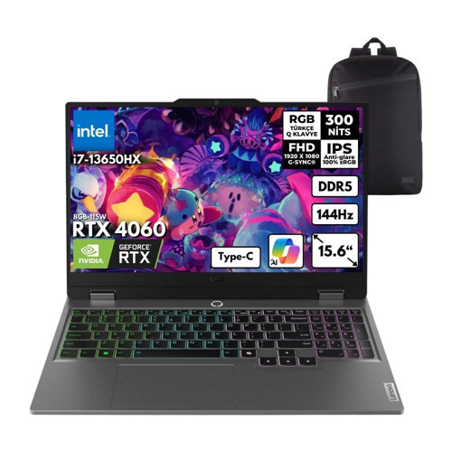 Loq I7 13650HX 32-Gbddr5 2 Tbssd RTX4060 (8GB-115W) 15.6" Fhd 144Hz Windows 11 Pro + Zg Sırt Çantası 83DV00WVTRZG27