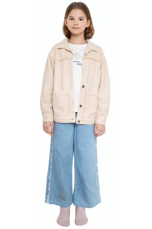 Kız Çocuk Çiçek Püskül Detaylı Ceket Geniş Paça Pantolon Sweatshirt Üçlü Krem Renk Bayramlık Takım