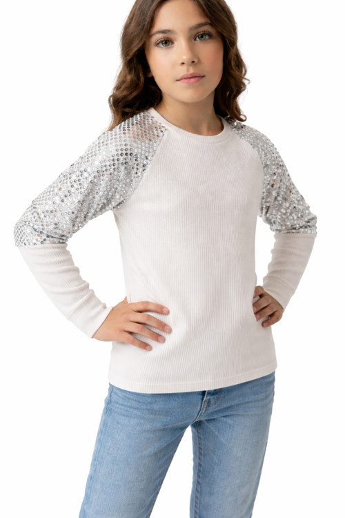Kız Çocuk Omuzları Pul Detaylı Fitilli Kumaş Beyaz Renk Gri Pullu Badi