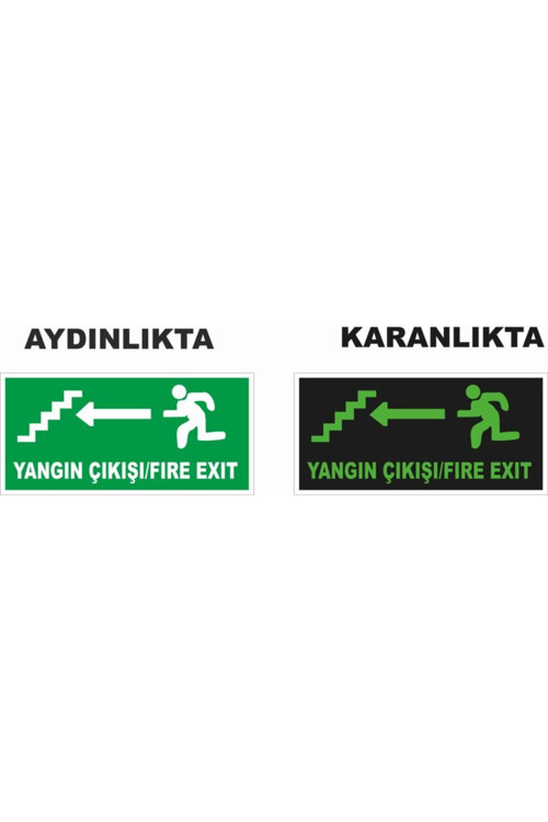 Yangın Çıkış Sol Ok Fosforlu Levha 12X25 Cm Dekota Net Baskı Fosforlu Fotolümen Dekota