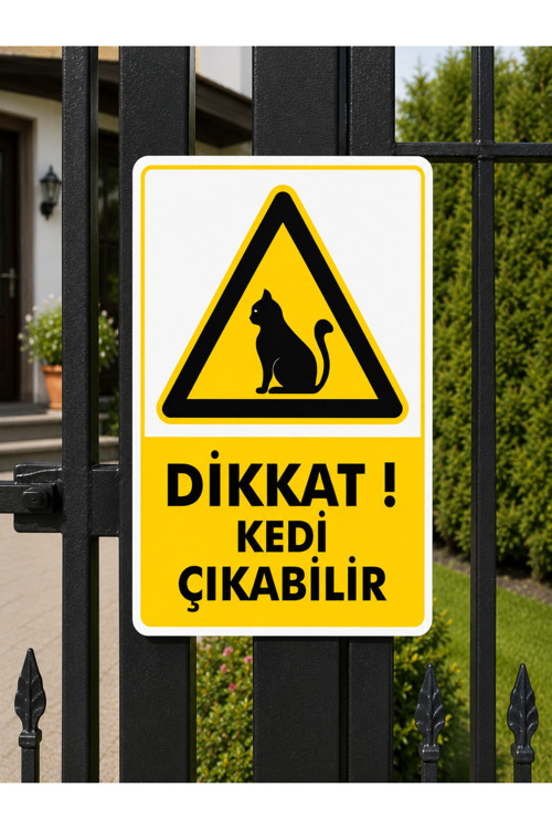 Dikkat Kedi Çıkabilir Uyarı Levhası 25X35 Cm Dekota Pvc İkaz Tabelası Bahçe Kapı