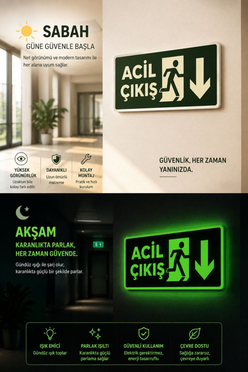 Acil Çıkış-Acil Çıkış Aşağı Yön Tabelası 12X25 Cm Fotolümenli - Karanlıkta Parlayan Pvc