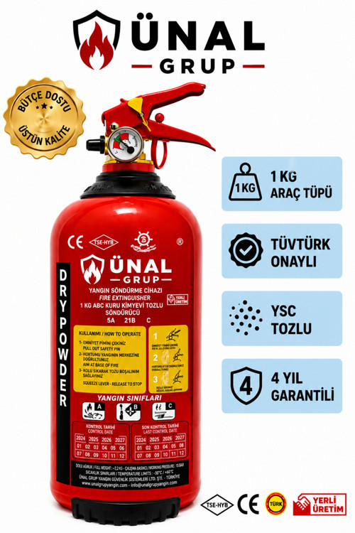 1 Kg Araç Yangın Söndürücü Tüpü Kuru Kimyevi Tozlu Tüvtürk Onaylı 4 Yıl Garantili