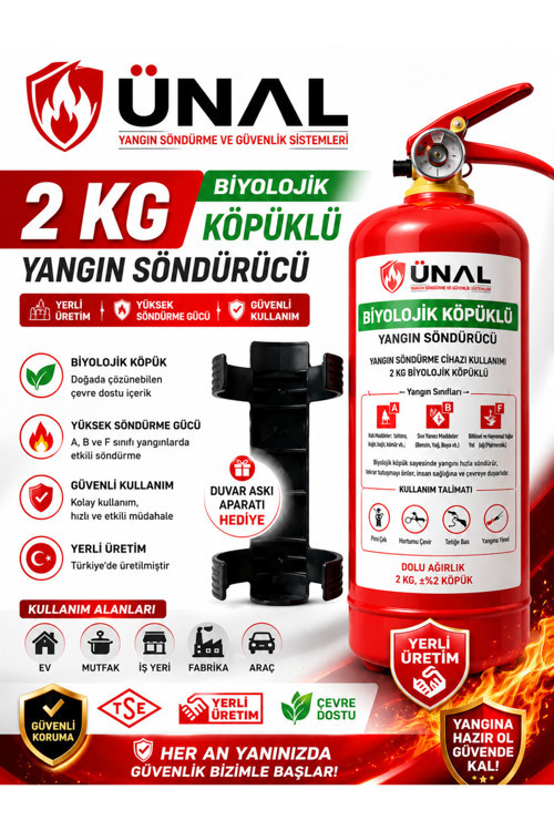 2 Kg Biyolojik Köpüklü Yangın Söndürme Cihazı Duvar Askı Aparatlı Çevre Dostu Yangın Tüpü