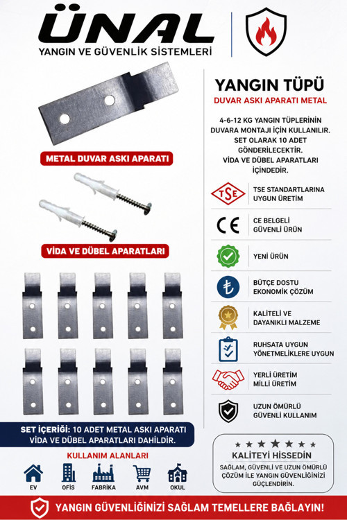 Yangın Tüpü Metal Askı Aparatı Metal Yangın Söndürücü Askısı 10'Lu Set (Vida Ve Dübel