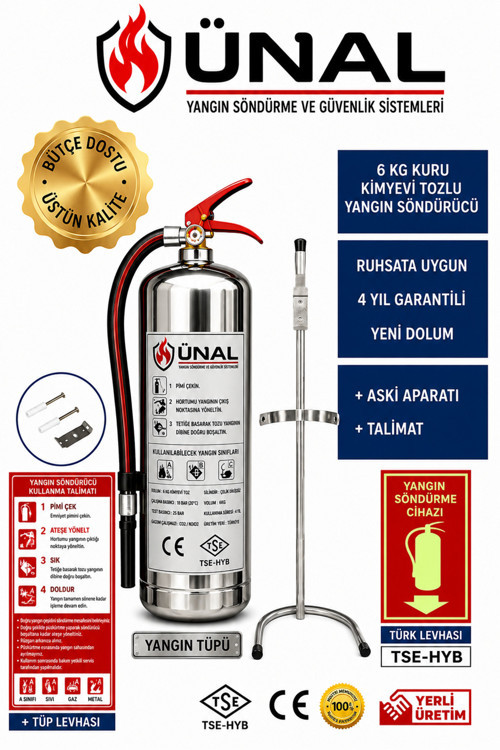 6 Kg Kuru Kimyevi Tozlu Yangın Söndürücü Krom Tüp Standlı Askı Aparatlı