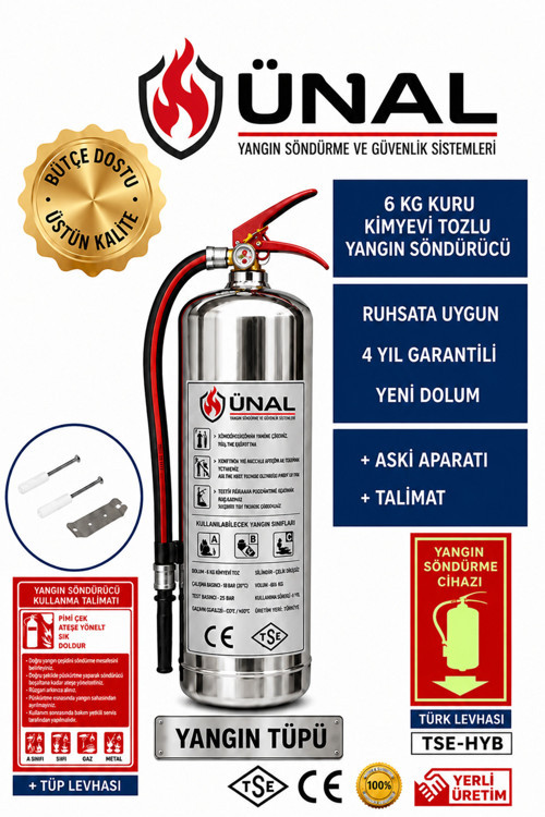 Söndürme 6 Kg Kuru Kimyevi Tozlu Yangın Tüpü Paslanmaz Krom Gövde Askı Aparatlı