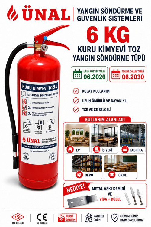 6 Kg Yangın Söndürme Tüpü Kuru Kimyevi Toz 06.2026 Üretim 06.2030 Terkar Dolum Metal Askı