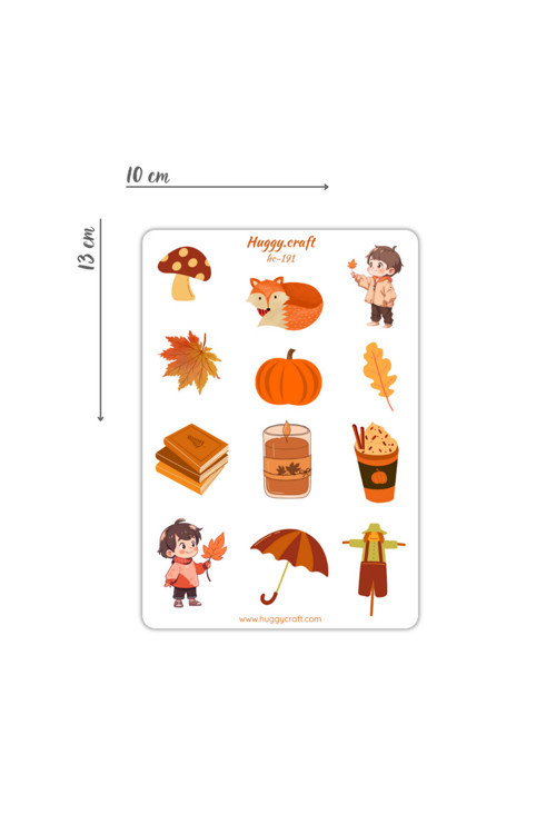 Sonbahar Temalı Turuncu/Kahverengi Renkli Sevimli Balkabağı Tilki Sticker Seti - 12 Parça - Hc191