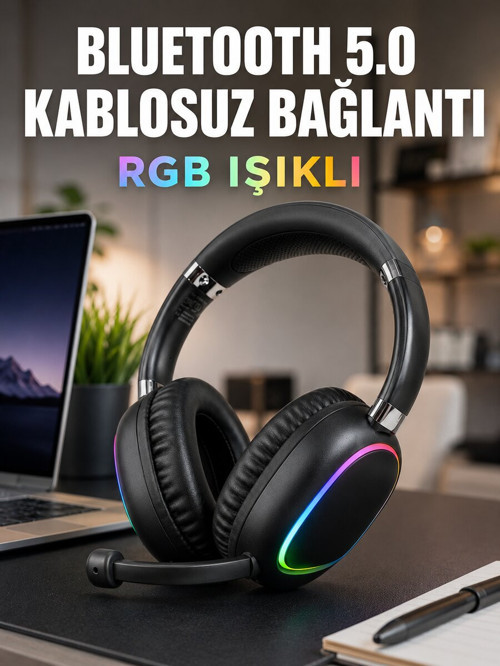 Bluetooth 5.0 Kablosuz Kulak Üstü Kulaklık Mikrofonlu RGB Aydınlatmalı - NLCAEB9010-7918