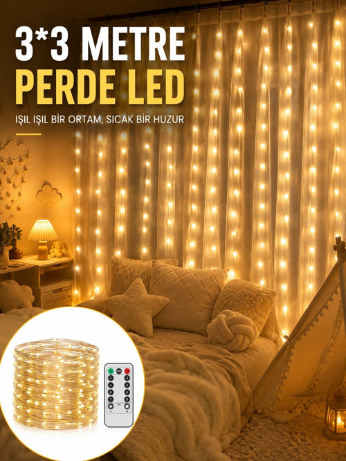 3x3 Metre Perde LED Işık – Parti ve Bahçe Dekorasyonu Yeni Nesil - NLCAEB5227-4858