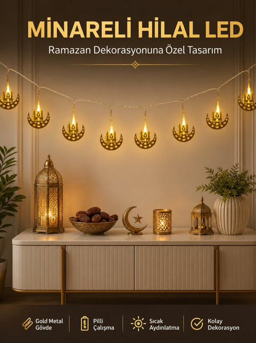 Dekoratif Minareli Hilal LED Işık Metal Gövdeli Ramazan Aydınlatma - NLCAEB9759-6319