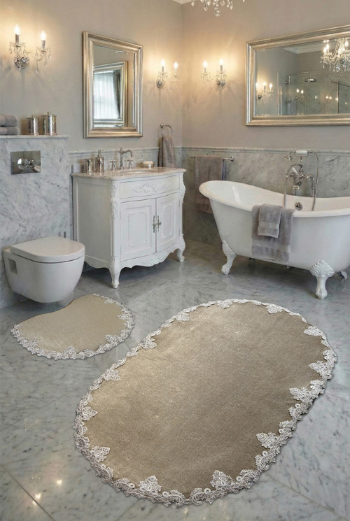 Kozan Kaymaz Taban, Çeyizlik, Yumuşacık Dantel Detaylı 2'li Süper Lüks Oval Banyo Paspası Seti