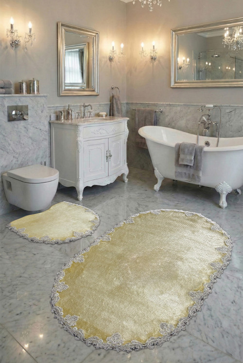 Kozan Kaymaz Taban, Çeyizlik, Yumuşacık Dantel Detaylı 2'li Süper Lüks Oval Banyo Paspası Seti