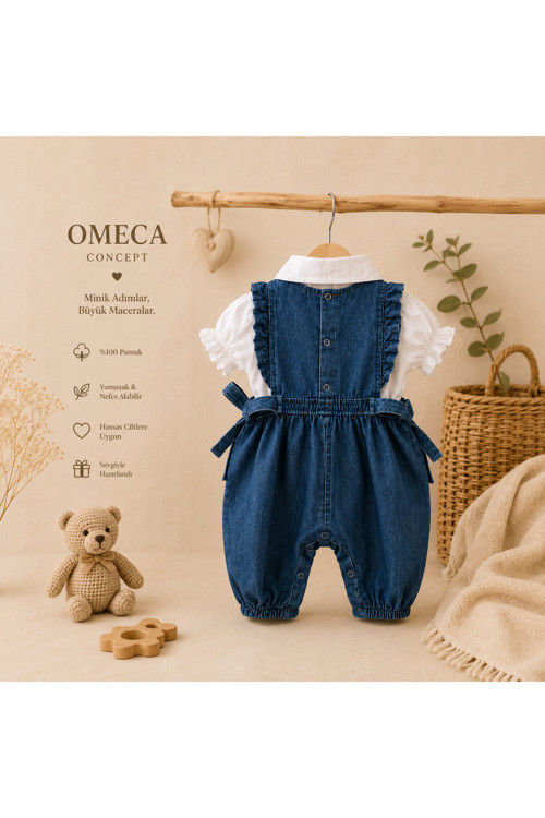 Kız Bebek Denim Tulum ve Gömlek Takımı