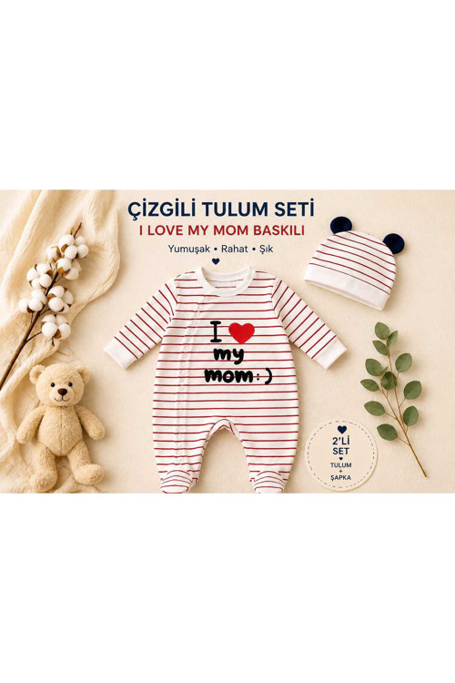 2Li Hastane Çıkışı Bebek Tulum Seti - Şapkalı İ Love My Mom Baskılı
