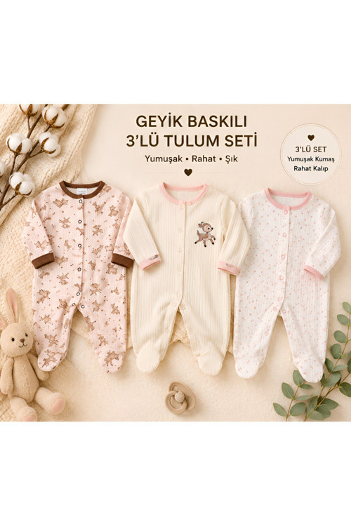 3'lü Kız Bebek Geyik Desenli Patikli Tulum Seti