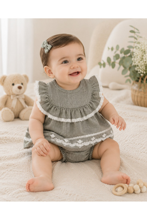Kız Bebek Dantel Detaylı 2'li Takım – Fırfırlı Bluz ve Bloomer Şort