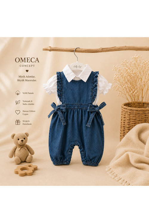 Kız Bebek Denim Tulum ve Gömlek Takımı