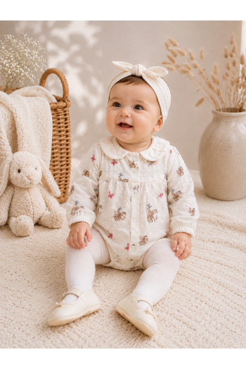 Kız Bebek Bambi Desenli Uzun Kollu Yakalı Body Zıbın