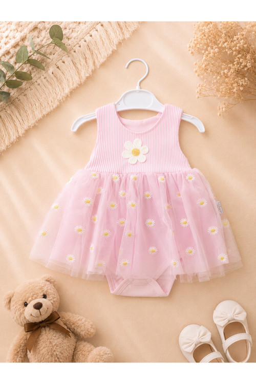 Kız Bebek Papatya Desenli Tüllü Body Elbise – Şık Tütü Elbise Görünümlü Çıtçıtlı Bebek Body