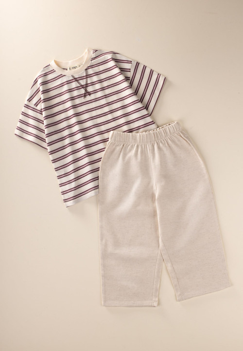 Oversize T-Shirt Geniş Kesim Pantolon Takım 2-10 Yaş Mürdüm Çizgili
