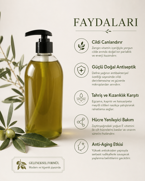 %100 Doğal Zeytinyağlı ve Defne Özlü Sıvı Sabun - Cilt Canlandırıcı & Nemlendirici - 1 adet