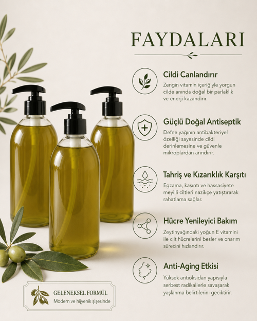 %100 Doğal Zeytinyağlı ve Defne Özlü Sıvı Sabun - Cilt Canlandırıcı & Nemlendirici- 3 adet