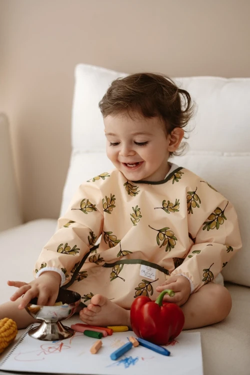 Zeytin Uzun Kollu Sıvı Geçirmez Aktivite Önlük (6-36 Ay)