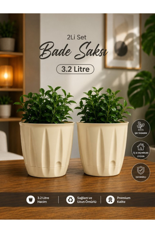 Bade Saksı 3,2 Lt Parlak Plastik Kendinden Tabaklı Drenajlı Çiçek Saksısı 2Li Set