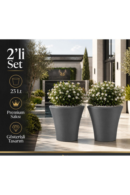 Beton Görünümlü Plastik Çiçek Saksısı 38 Cm 23 Litre 2Li Set